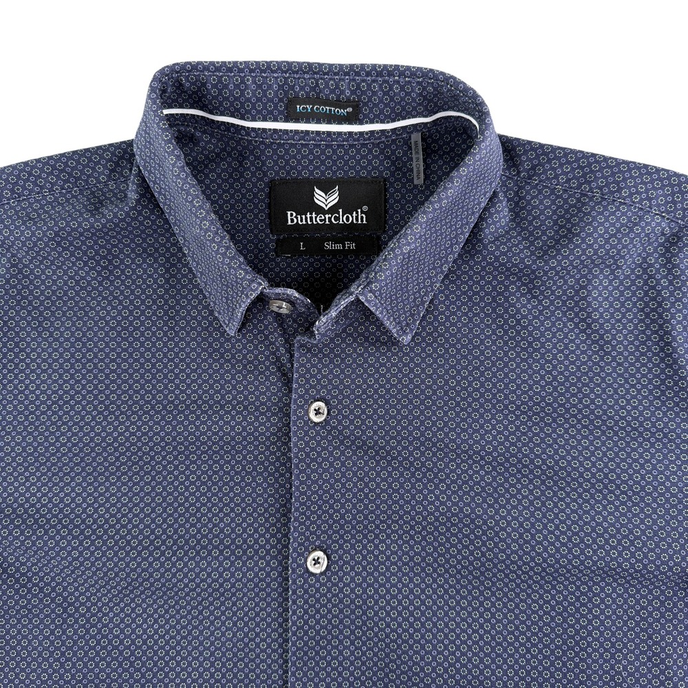 Buttercloth Shirt Button Down Mens Large Blue Icy Cotton Geometric Casual